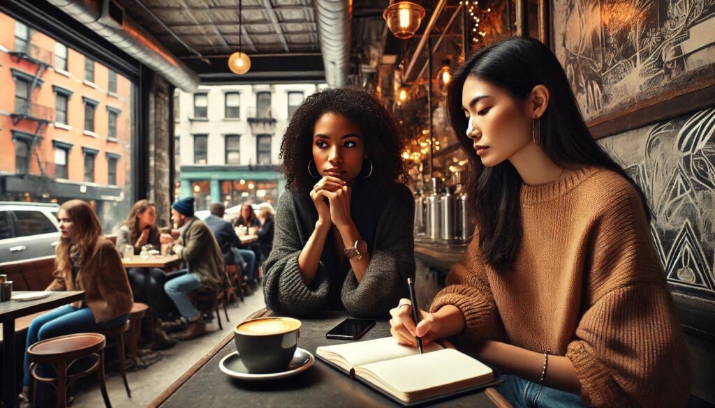 two women sitting at a table shows engulfment fears vs abandonment anxiety - one partner pulling away while other leans in